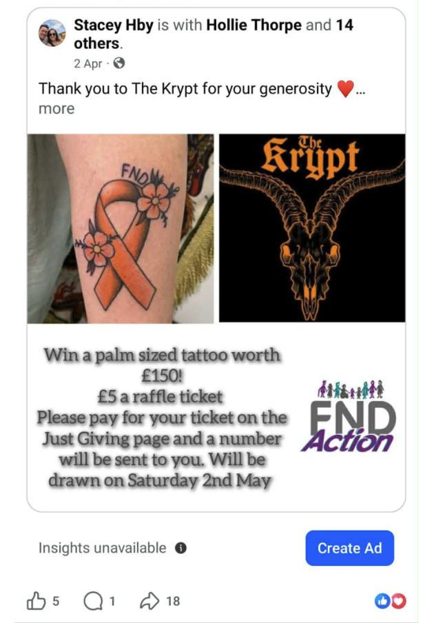 Win a palm-sized tattoo worth £150 — £5 raffle ticket in aid of FND Action